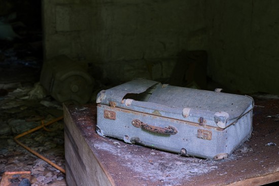 Koffer im verlassenen Waldhaus